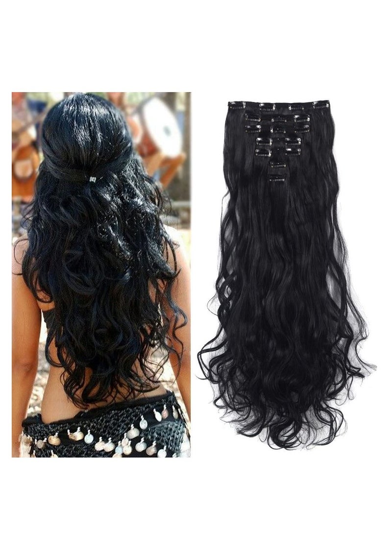 إستيل 7 قطع 16 مشابك 23 بوصة إلى 24 بوصة سميكة مجعد مستقيم كامل الرأس كليب في لحمة مزدوجة وصلات شعر طبيعي أسود مجعد - Image 1