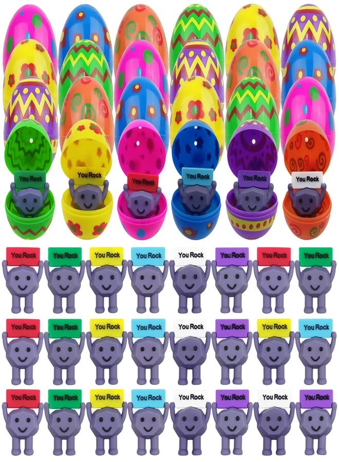 OCBTOW 24 Pack Prefilled Easter Eggs with Mini Rubber You Rock Toys Inside Positive Mini Figures for Kids Girls Boys Easter Basket Stuffers Gifts Party Favors - Image 1