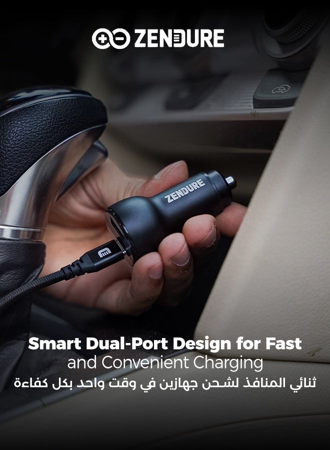 زينديور شاحن سيارة بقوة 48 واط سوبر درايڤ | شاحن سيارة بمنفذين (USB-C PD + USB-A QC3.0) | شحن سريع وآمن لأجهزة آيفون 12/13/14/15/16/17، جالكسي ، سامسونج، ايباد برو، و ايربودز، و أكثر أثناء القيادة | مؤشر ضوئي LED اسود - Image 3