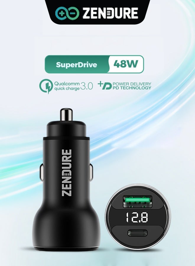 زينديور شاحن سيارة بقوة 48 واط سوبر درايڤ | شاحن سيارة بمنفذين (USB-C PD + USB-A QC3.0) | شحن سريع وآمن لأجهزة آيفون 12/13/14/15/16/17، جالكسي ، سامسونج، ايباد برو، و ايربودز، و أكثر أثناء القيادة | مؤشر ضوئي LED اسود - Image 1