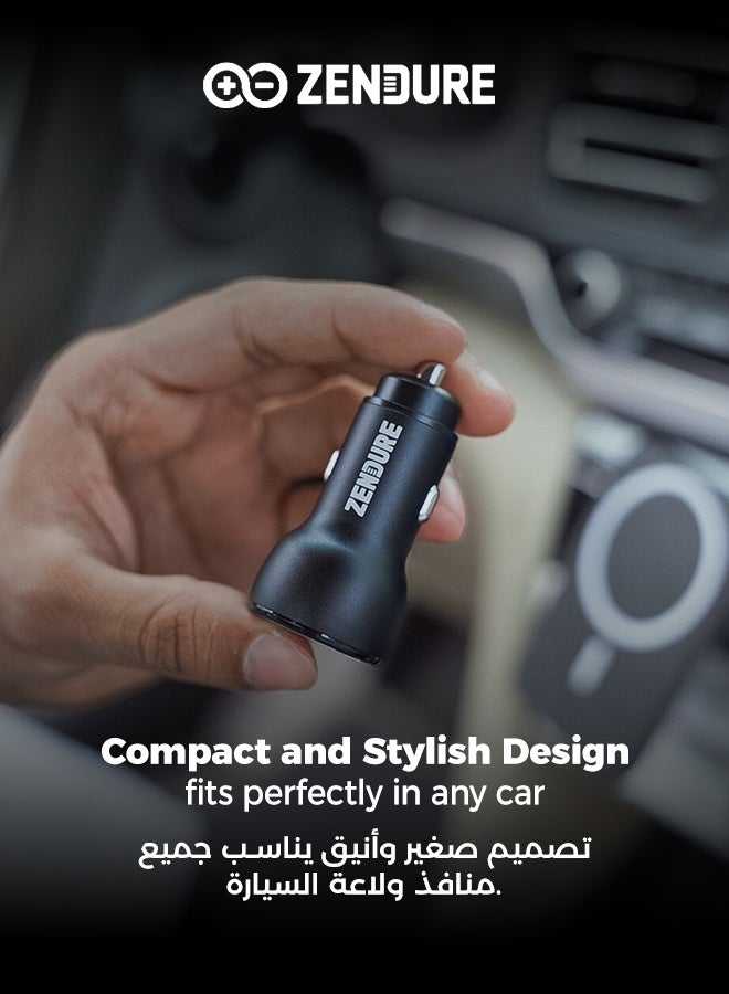 زينديور شاحن سيارة بقوة 48 واط سوبر درايڤ | شاحن سيارة بمنفذين (USB-C PD + USB-A QC3.0) | شحن سريع وآمن لأجهزة آيفون 12/13/14/15/16/17، جالكسي ، سامسونج، ايباد برو، و ايربودز، و أكثر أثناء القيادة | مؤشر ضوئي LED اسود - Image 2
