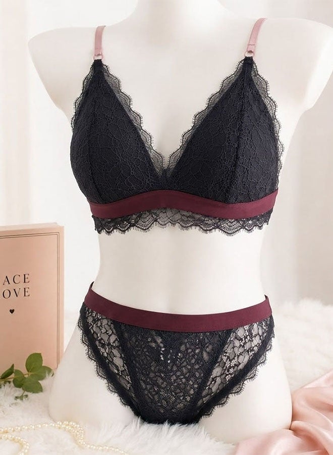 MARGOUN Women's Lace Lingerie Set - Wireless Triangle Bralette and Matching Panty - Black - Image 4