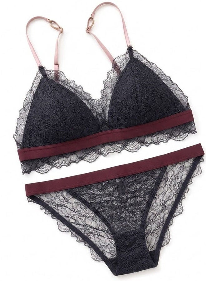 MARGOUN Women's Lace Lingerie Set - Wireless Triangle Bralette and Matching Panty - Black - Image 2
