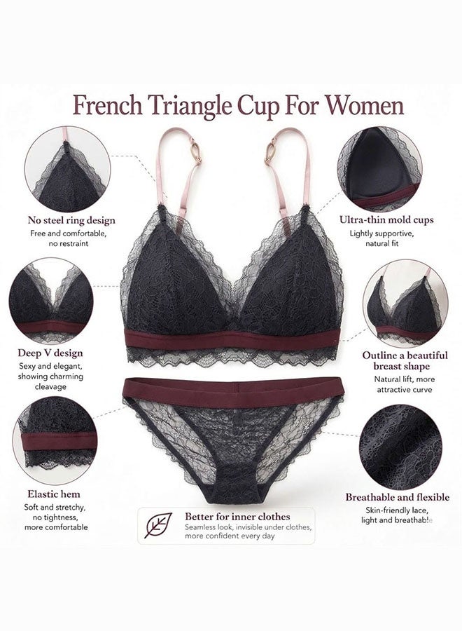 MARGOUN Women's Lace Lingerie Set - Wireless Triangle Bralette and Matching Panty - Black - Image 3