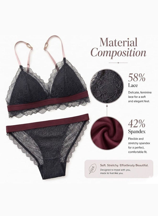MARGOUN Women's Lace Lingerie Set - Wireless Triangle Bralette and Matching Panty - Black - Image 5