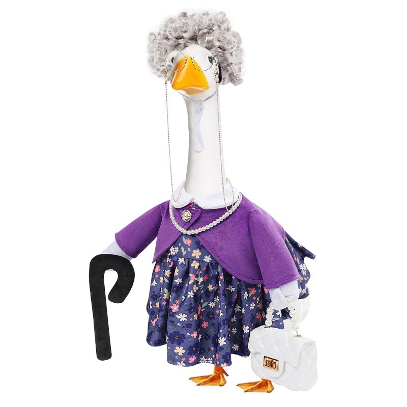 GJL Old Lady Porch Goose Outfits Spring Summer Grandma Goose Clothes with Wig Glasses Pearl Necklace Fits 23 Inch Cement Plastic Goose Statue for Outdoor Yard Garden Decor - Image 2