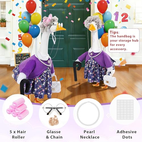 GJL Old Lady Porch Goose Outfits Spring Summer Grandma Goose Clothes with Wig Glasses Pearl Necklace Fits 23 Inch Cement Plastic Goose Statue for Outdoor Yard Garden Decor - Image 3