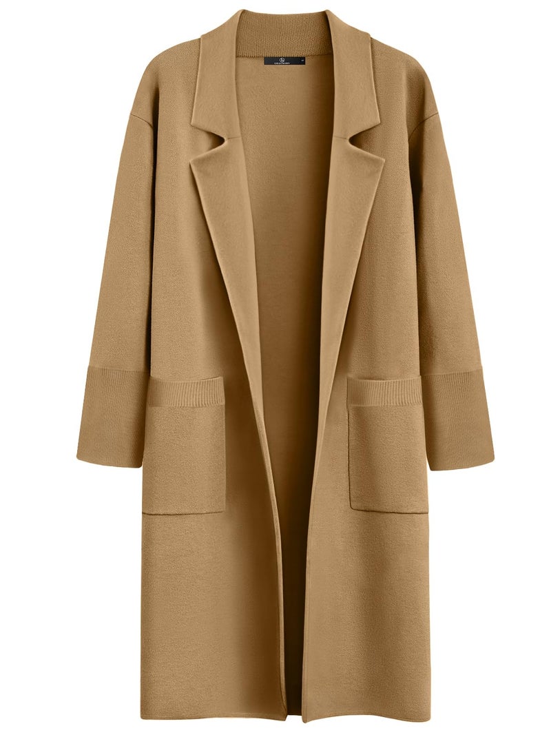 LILLUSORY Women's Long Dressy Cardigan Sweaters Fall Oversized Cozy Jacket Outfits 2025 Date Night Winter Trench Coats Camel L - Image 1