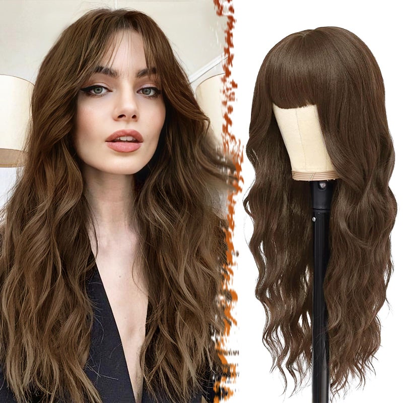 BARSDAR بارسدار باروكة بنية طويلة مع غرة 26 بوصة باروكة مموجة طويلة مع غرة للنساء باروكات شعر بني صناعي تبدو طبيعية للاستخدام اليومي وكوسبلاي وحفلات الهالوين