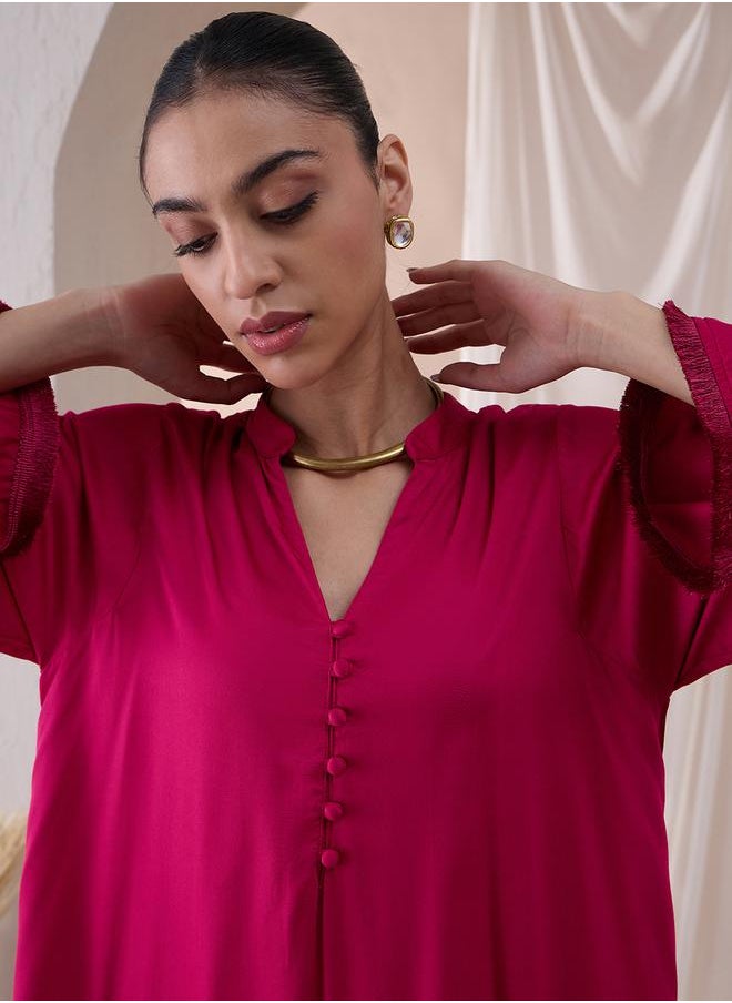 Femmella - Fringe Hem Button Detail Kurta with Straight Pant Co-Ords by Styli - Image 1