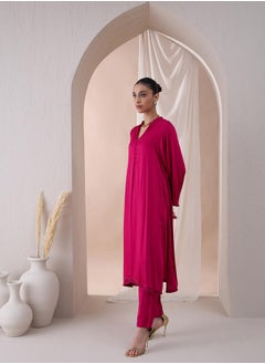 Femmella Fringe Hem Button Detail Kurta with Straight Pant Co-Ords by Styli  - Image 4