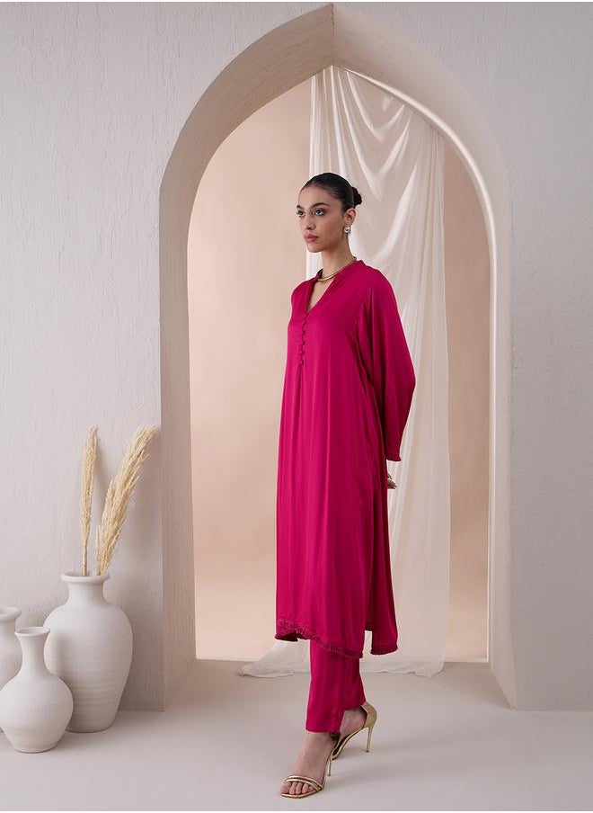 Femmella - Fringe Hem Button Detail Kurta with Straight Pant Co-Ords by Styli - Image 1