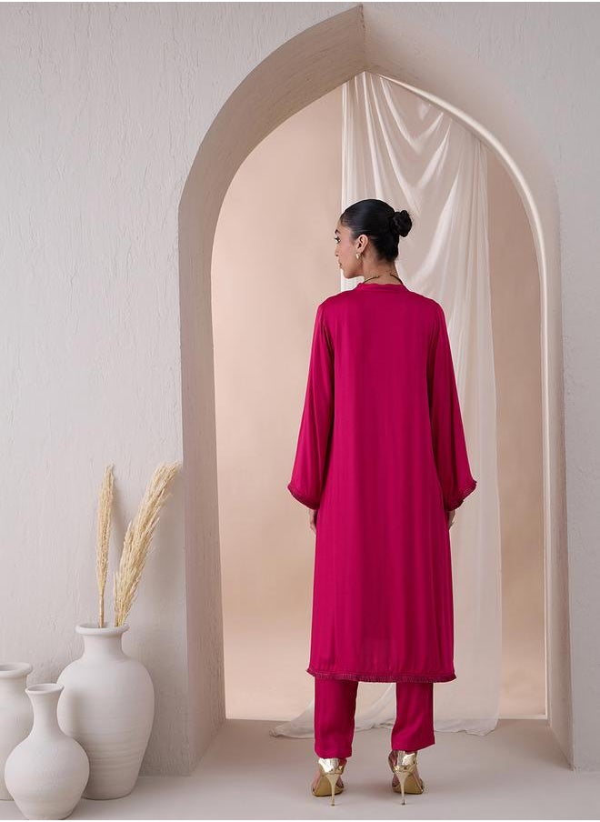 Femmella - Fringe Hem Button Detail Kurta with Straight Pant Co-Ords by Styli - Image 1
