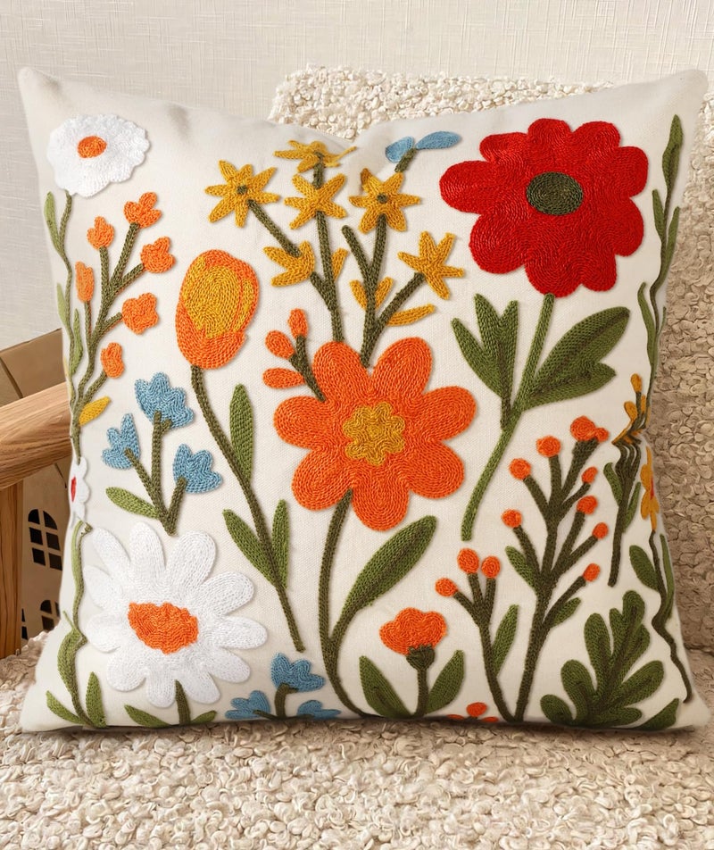 Kokaaee Embroidered Throw Pillow Covers 20x20 Inch - Summer Boho Decorative Pillow Cover with Zipper for Living Room Couch Sofa Bed Aesthetic Design Flower Cluster Linen Cushion Pillowcase - Image 1