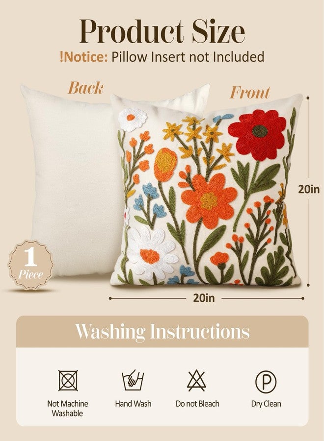 Kokaaee Embroidered Throw Pillow Covers 20x20 Inch - Summer Boho Decorative Pillow Cover with Zipper for Living Room Couch Sofa Bed Aesthetic Design Flower Cluster Linen Cushion Pillowcase - Image 4