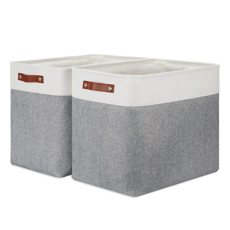 DULLEMELO Extra Large Storage Baskets, Fabric Storage Bins for Organizing Shelves Nursery Toys Books, Closet Baskets and Bins with Handles, White&Grey, 2-Pack - Image 1