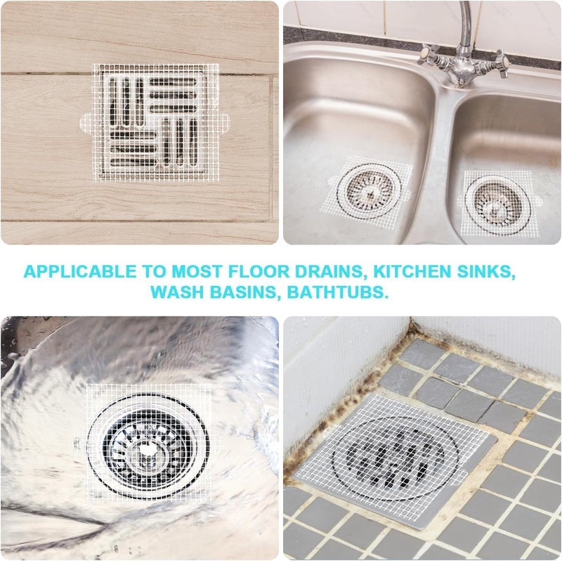 KLIVE مصيدة شعر قابلة للتخلص منها لدش الاستحمام، مصفاة حوض المطبخ، ملصقات شبكية مقاومة للماء، واقي مصرف أرضية الحمام، مصيدة شعر، منع انسداد، 4" X 4"، أبيض، 10 قطع - Image 5