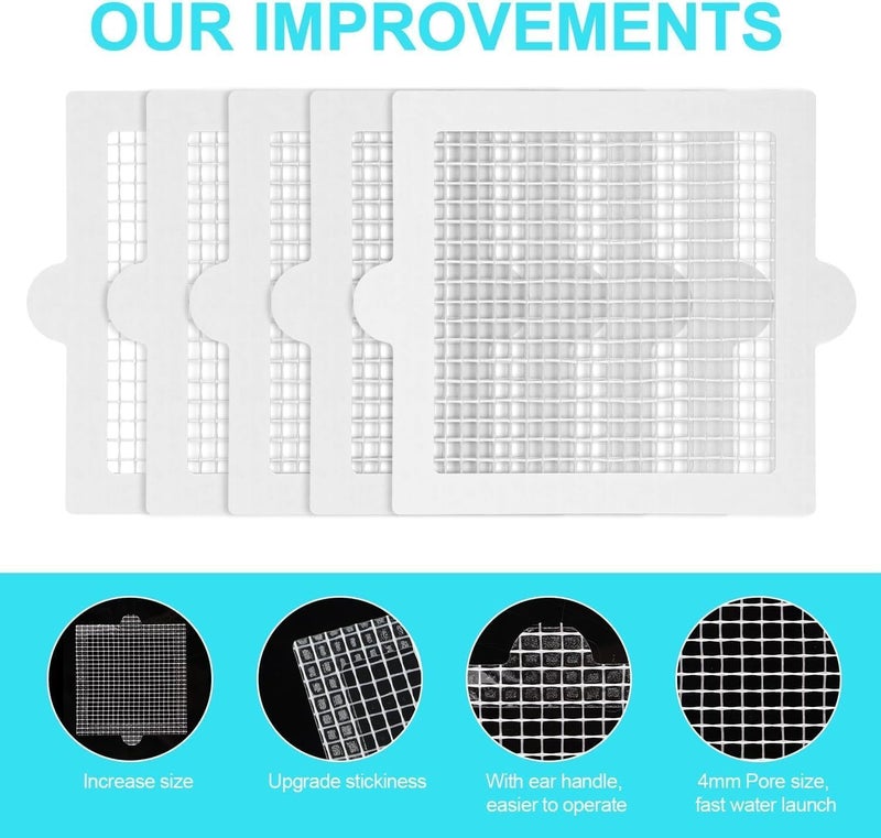 KLIVE مصيدة شعر قابلة للتخلص منها لدش الاستحمام، مصفاة حوض المطبخ، ملصقات شبكية مقاومة للماء، واقي مصرف أرضية الحمام، مصيدة شعر، منع انسداد، 4" X 4"، أبيض، 10 قطع - Image 4