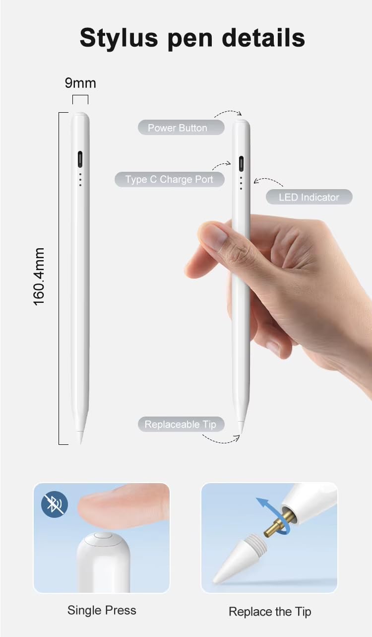 Technoview Stylus Pen for Smartphone/Tablet/iPad/Pro/Air/iPhone/iOS/Android/All Touch Screens Devices, Lightweight, Tilt Sensitivity,Type-C Charging (White) - Image 3