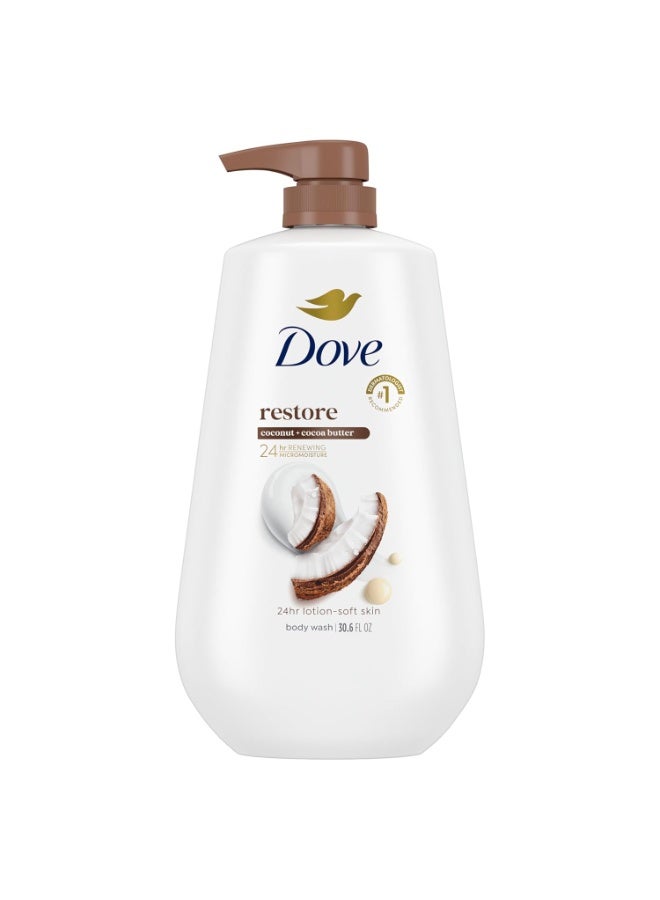 Dove غسول الجسم دوف مع مضخة لاستعادة جوز الهند وزبدة الكاكاو لترطيب البشرة الناعمة لمدة 24 ساعة - منظف مرطب للبشرة بدون كبريتات وبدون بارابين 30.6 أونصة - Image 1