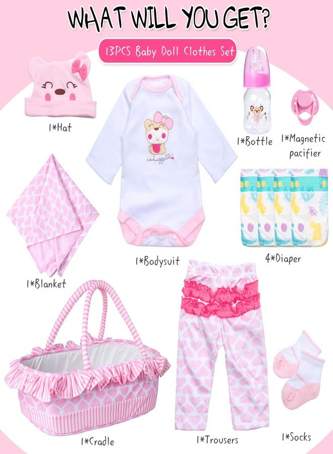 PEDOLLTREE Reborn Baby Dolls Clothes Girl Outfit Accessories Pink Little Bear 12 Pcs for 17-22 Inch Reborn Doll Newborn with Pink Heart Bassinet - Image 2