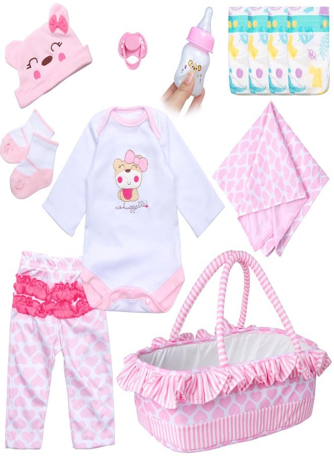PEDOLLTREE Reborn Baby Dolls Clothes Girl Outfit Accessories Pink Little Bear 12 Pcs for 17-22 Inch Reborn Doll Newborn with Pink Heart Bassinet - Image 1