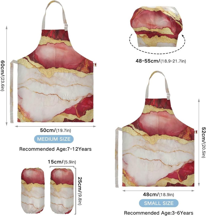 3 Pack Kid Chef Costume Cute Marble Red White Child Apron with Pockets for Cooking Painting 3-12 Years Old - Image 3