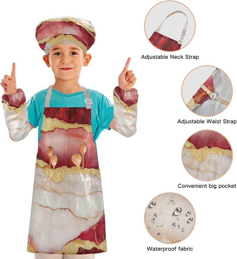 3 Pack Kid Chef Costume Cute Marble Red White Child Apron with Pockets for Cooking Painting 3-12 Years Old - Image 4