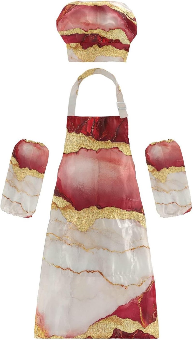 3 Pack Kid Chef Costume Cute Marble Red White Child Apron with Pockets for Cooking Painting 3-12 Years Old - Image 1