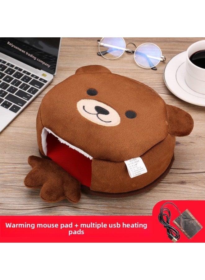 Winter Heating Hand Warmer Mouse Pad With Wrist Winter Mouse Cover Warm Computer Men's Fleece-lined Thickened Gloves-Pattern:Grin Bear + Send An Extra Usb Heating Chip  - Image 3
