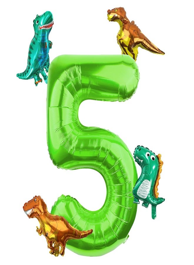 LEBERY Dinosaur Number 5 Ballloon, 40 Inch Green Number 5 Balloon, Mini Dino Foil Balloons Baby Dinosaur Balloons for Kid Dino Theme Jungle 5th Birthday Baby Shower Party Decorations - Image 1