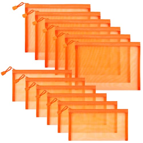 Sinzip 12 Pieces Zipper Nylon Mesh Pouch Mesh Cosmetic Bags Makeup Bags Pencil Case Multipurpose Travel Bags for Cosmetic School Office Supplies and Travel Accessories Orange A5B6 - Image 1