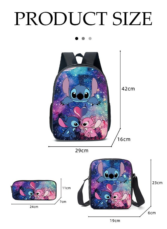 DUNISO - 3 Pieces of stitched backpack, Oxford cartoon printed children's school bag， with shoulder bag and pencil case, suitable for primary and secondary school students - Image 1