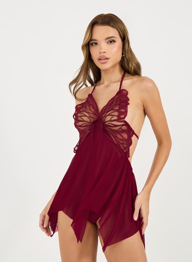 Styli Front Tie Butterfly Hanky Hem Babydoll With Thong Set - Image 1