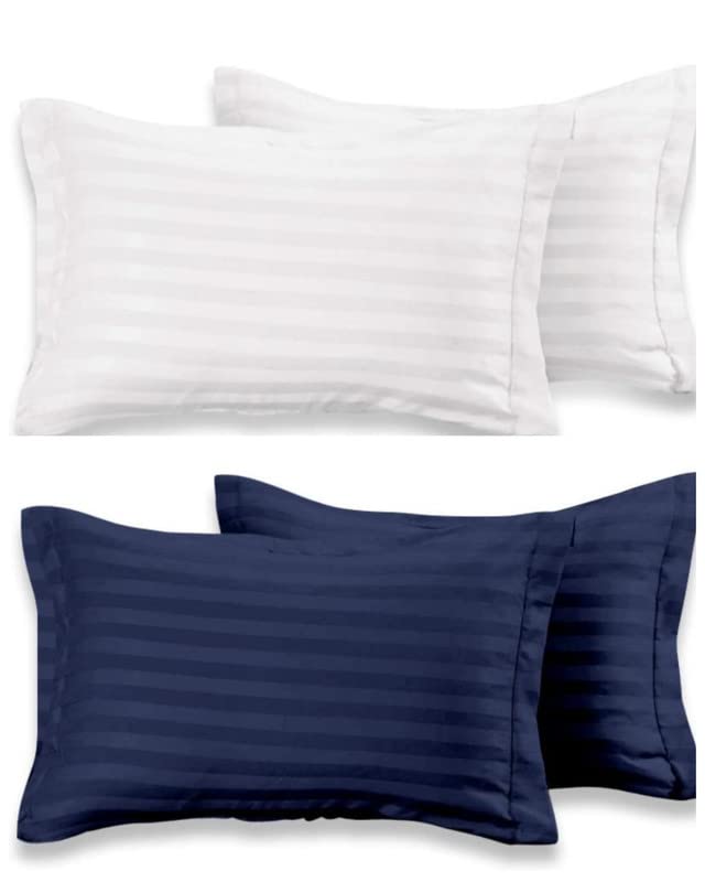 YFH Creative Super Soft Breathable Brushed Microfiber Cotton 220 GSM Luxurious Striped Pillow Covers Combo Set of 4 Peices- 18"x 28", White & Navy Blue - Image 1