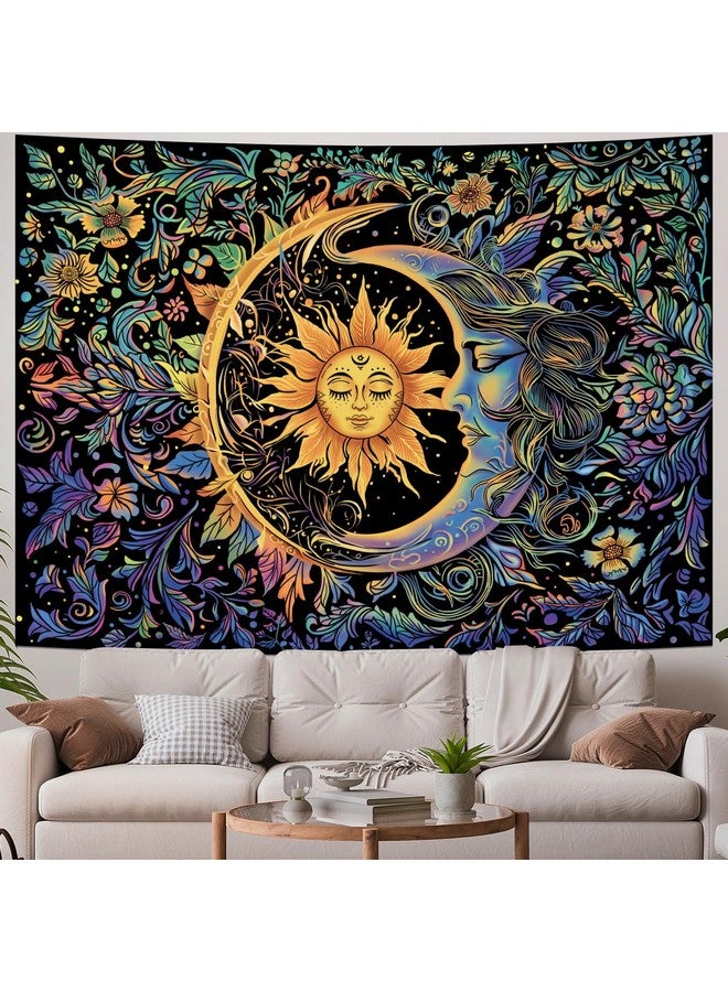 MAKABEE Tarot Style Sun and Moon Tapestry Psychedelic Mystic Floral Tapestry Hippie Boho Flower Plants Wall Tapestry Vintage Aesthetic Tapestry Wall Hanging for Bedroom - Image 3