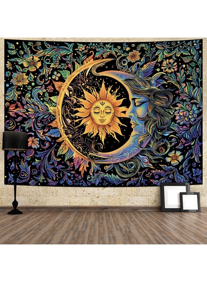 MAKABEE Tarot Style Sun and Moon Tapestry Psychedelic Mystic Floral Tapestry Hippie Boho Flower Plants Wall Tapestry Vintage Aesthetic Tapestry Wall Hanging for Bedroom - Image 4