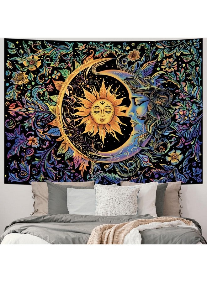 MAKABEE Tarot Style Sun and Moon Tapestry Psychedelic Mystic Floral Tapestry Hippie Boho Flower Plants Wall Tapestry Vintage Aesthetic Tapestry Wall Hanging for Bedroom - Image 2