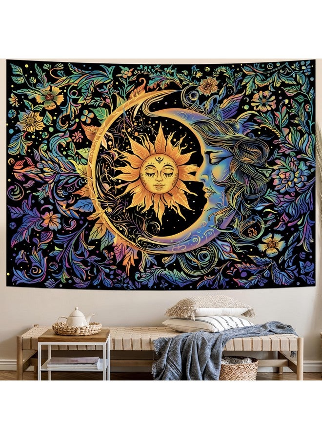 MAKABEE Tarot Style Sun and Moon Tapestry Psychedelic Mystic Floral Tapestry Hippie Boho Flower Plants Wall Tapestry Vintage Aesthetic Tapestry Wall Hanging for Bedroom - Image 1