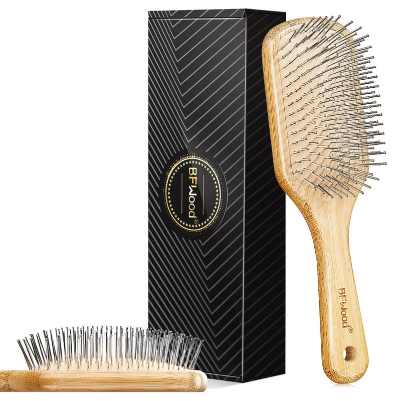 BFWood Bamboo Hair Brush with Steel Bristles, Metal Hair Brush Help Hair Growth and Massaging Scalp, Anti-frizz Metal Detangling Brush Styling Hairbrush - Image 1