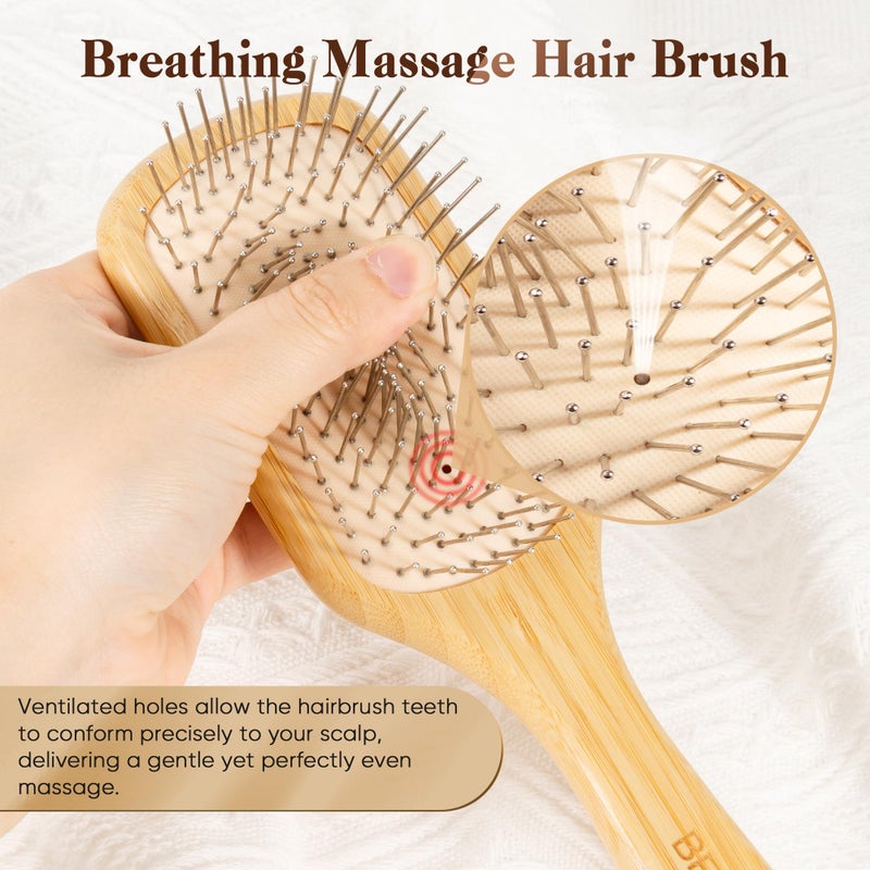 BFWood Bamboo Hair Brush with Steel Bristles, Metal Hair Brush Help Hair Growth and Massaging Scalp, Anti-frizz Metal Detangling Brush Styling Hairbrush - Image 2