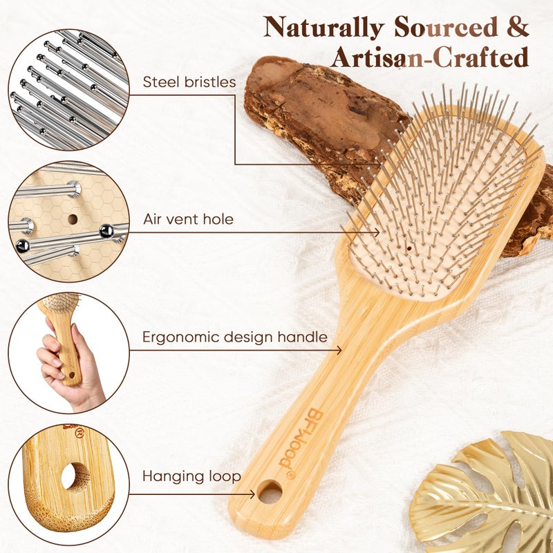 BFWood Bamboo Hair Brush with Steel Bristles, Metal Hair Brush Help Hair Growth and Massaging Scalp, Anti-frizz Metal Detangling Brush Styling Hairbrush - Image 3