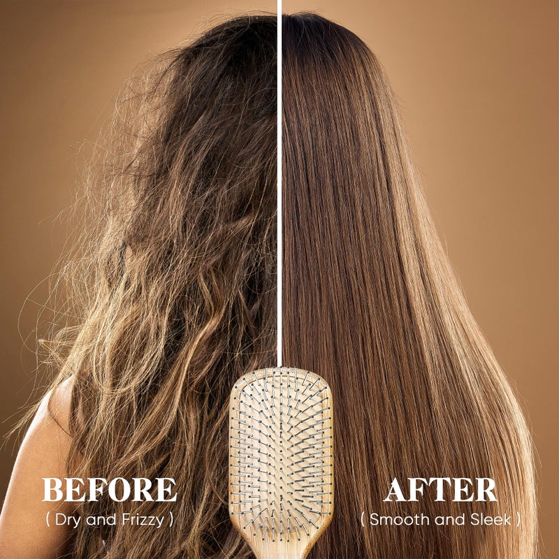 BFWood Bamboo Hair Brush with Steel Bristles, Metal Hair Brush Help Hair Growth and Massaging Scalp, Anti-frizz Metal Detangling Brush Styling Hairbrush - Image 4