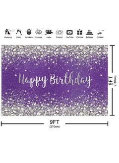 Aperturee 9X6Ft Glitter Purple Diamonds Happy Birthday Backdrop Shinning Silver Bokeh Dots Women Girls Photography Background Sweet 16 Party Decorations Cake Table Banner Supplies Photo Booth Studio  - Image 4