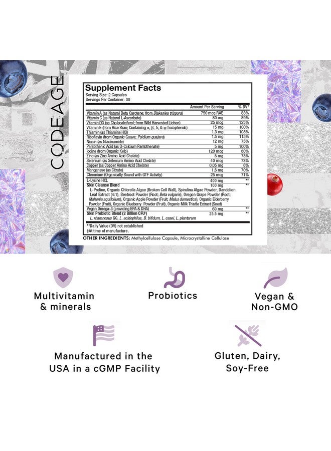 Codeage Teen Clearface Adolescent Face, Skin & Pimples, Vitamins A, C, D3, E, Pantothenic Acid, Niacin, Zinc Supplement Teenagers, Probiotics, L-Lysine, Omega-3, Oily Skin, Pores, Spots - 60 Capsules - Image 2