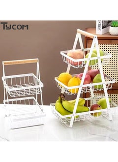TYCOM Fruit Basket for Kitchen Countertop,2-Tier Portable Metal Wire Storage Rack with Wooden Handle,Detachable Rectangle Basket for Kitchen Organizer Storage Bread, Snacks, Fruits, 3 Layer White.  - Image 2