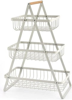 TYCOM Fruit Basket for Kitchen Countertop,2-Tier Portable Metal Wire Storage Rack with Wooden Handle,Detachable Rectangle Basket for Kitchen Organizer Storage Bread, Snacks, Fruits, 3 Layer White.  - Image 1