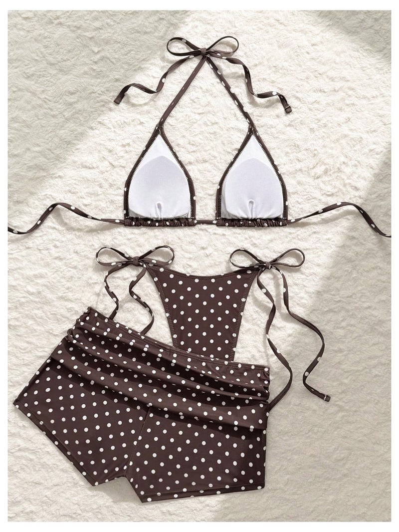 MakeMeChic Women's Polka Dots Triangle Bikini Sets Swim Shorts Y2K Leopard Striped Bathing Suit Swimsuit Polka Dots Brown Medium - Image 4