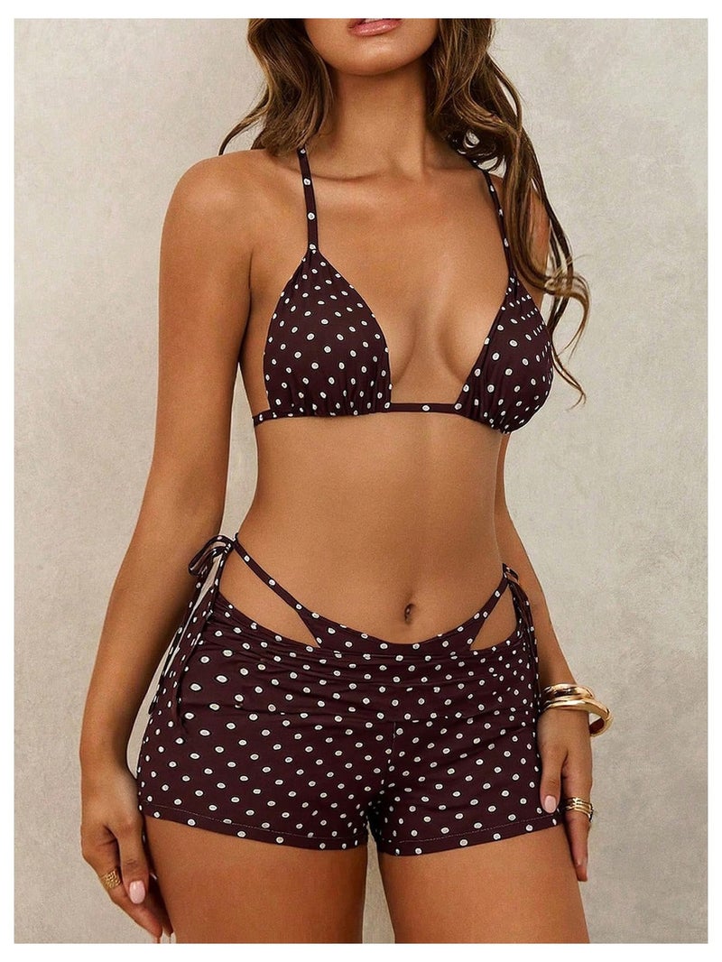 MakeMeChic Women's Polka Dots Triangle Bikini Sets Swim Shorts Y2K Leopard Striped Bathing Suit Swimsuit Polka Dots Brown Medium - Image 2