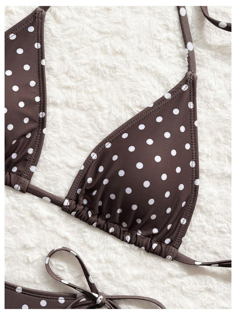 MakeMeChic Women's Polka Dots Triangle Bikini Sets Swim Shorts Y2K Leopard Striped Bathing Suit Swimsuit Polka Dots Brown Medium - Image 5